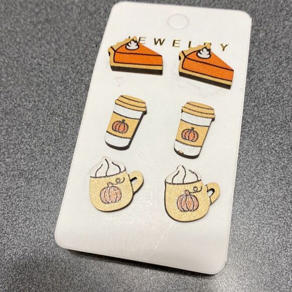 NWT set of three fall autumn earrings pumpkin pie and latte wooden studs - Picture 1 of 4